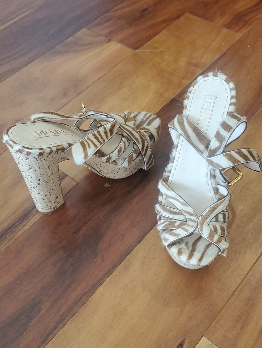 Prada Zebra-Print Cork Platform Heels in Tan and White 37.5 7.5